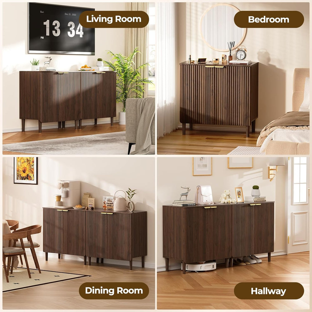Sideboard Buffet Storage Cabinet - Wood Cabinets with Adjustable Shelves Flut...