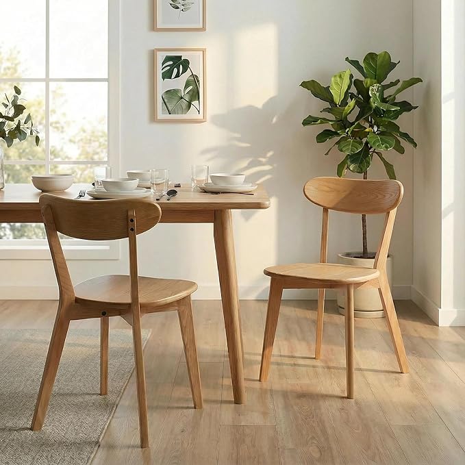 100% Solid Wood Dining Chairs Set of 2, Mid Century Modern with Wide Rounded Backrest, Chairs for Dining Room, Kitchen Chairs, Original Wood Color