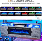 80" Fireplace TV Stand with Power Outlet, Entertainment Center with 36" Fireplace for TVs Up to 90", Modern TV Console for Living Room with High Gloss Storage Cabinet & LED Lights, Gray-Black