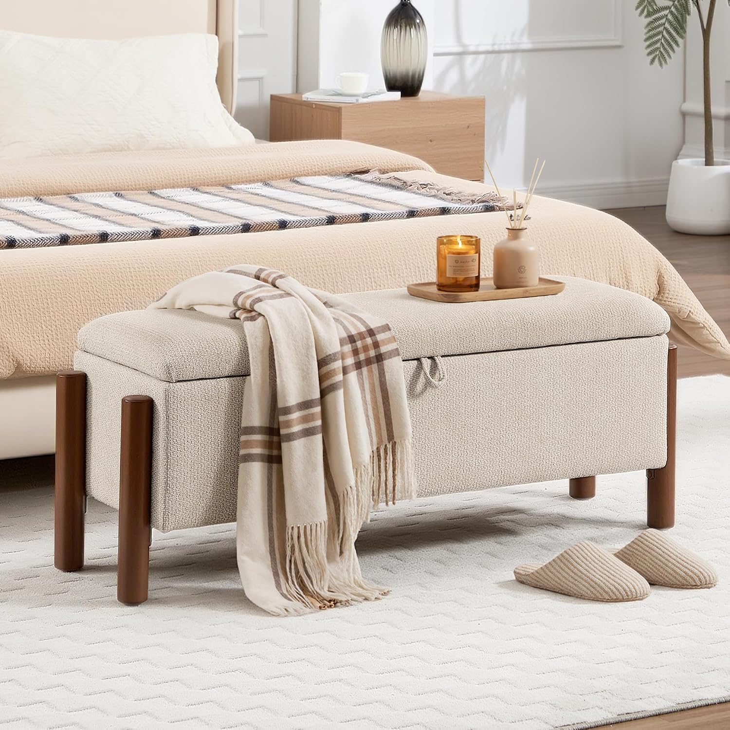 47'' Modern Storage Ottoman Benches with Walnut Wood Legs Ottoman Bench with 22 Gallons Storage Space Fabric Upholstered Seating End of Bed Bench for Bedroom for Livingroom Beige