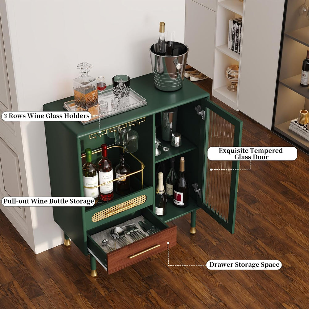 ARTPOWER Modern Coffee Bar Cabinet with Pull-Out Wine Storage, Green | Bar Ca...