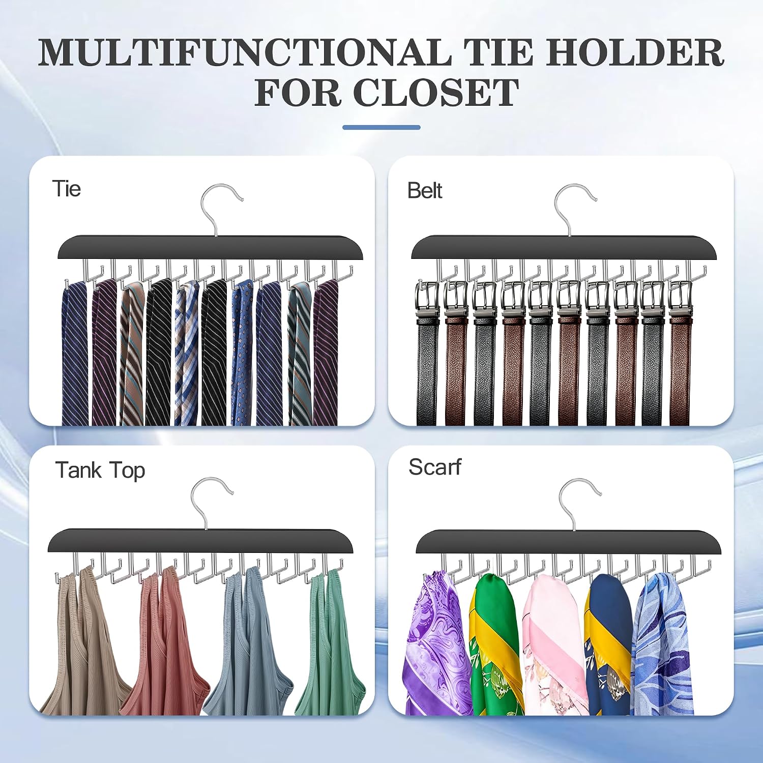 Tie Rack Hanger for Closet 20 Foldable Hooks, 1 Pack Wooden Non Slip Large Capacity Space Saving Tie and Belt Organizer with 360° Rotating Hooks for Tank Tops Bras Scarves Hat