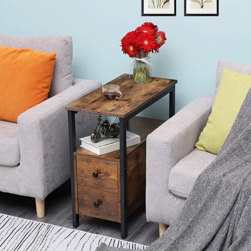 HOOBRO End Table, Narrow Chairside Table with Drawer and Open Storage Shelf, ...