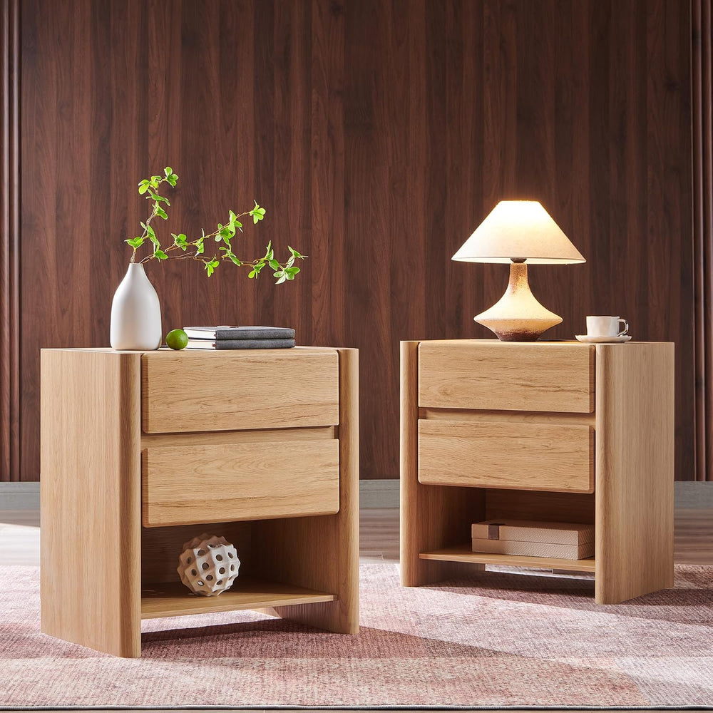 25" Tall Modern Nightstand Set of 2, 2 Storage Drawers (Natural)
