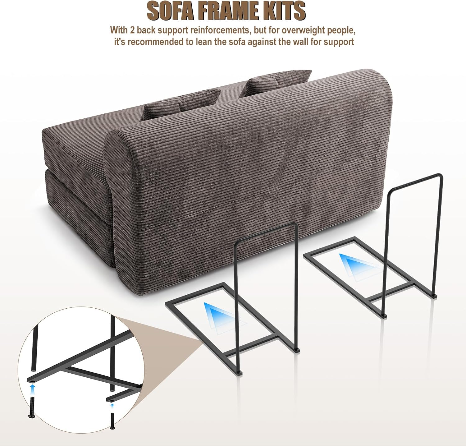 59" Convertible Sofa Bed High Backrest Boneless Couch in a Box,Brown | Washable Corduroy Futon Sofa Bed,Sectional Loveseat Floor Sleeper Sofa for Bedroom,No Assembly Couch for Living Room
