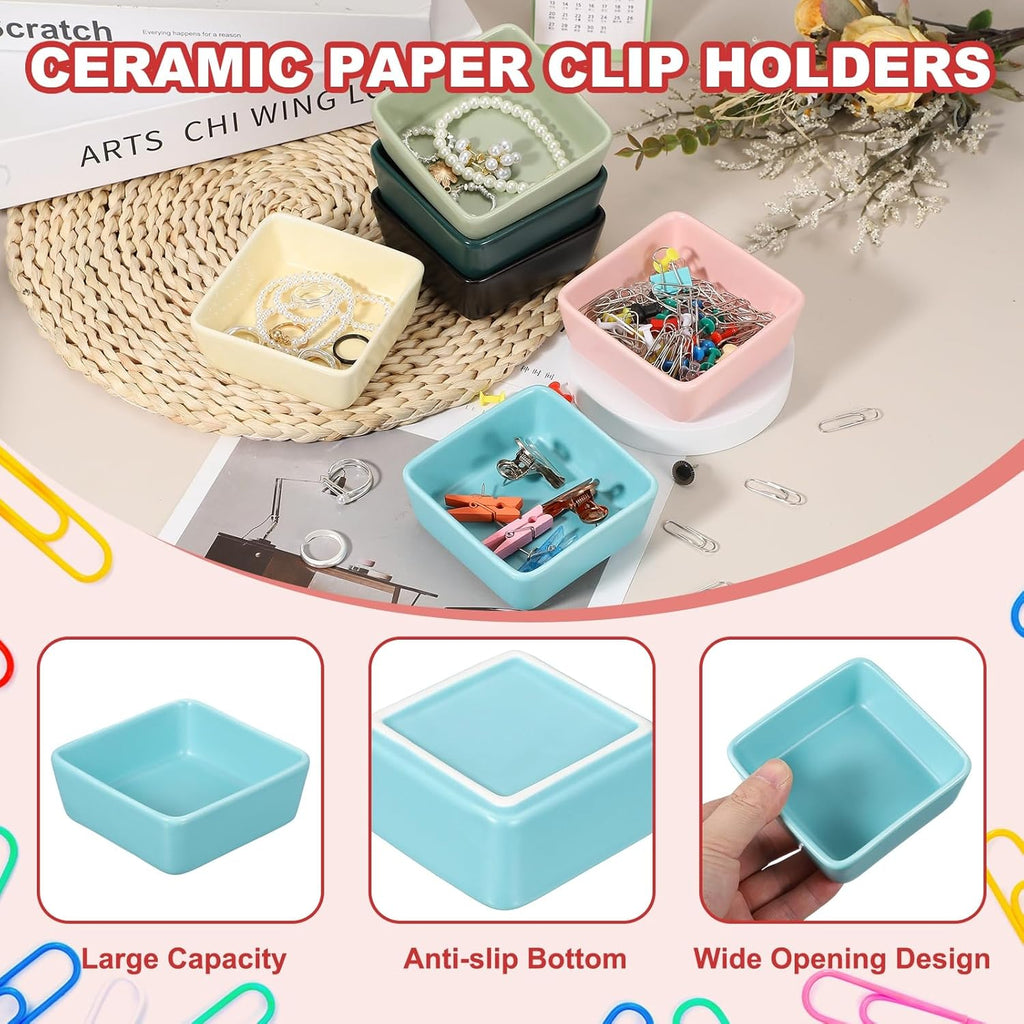 PATIKIL Square Paper Clip Holders, Ceramic Bowl Dish Clip Dispenser Organizer Desk Organizer Accessories for Office Desktop Decor Bobby Pin Binder Paper Clamp, Light Blue