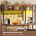 Itaar 47.2 Inch Bakers Rack with Power Outlet, Microwave Stand with Storage, Farmhouse Coffee Bar Cabinet Station with Wine Rack, Iron Mesh and 8-S Hooks (Rustic Brown)