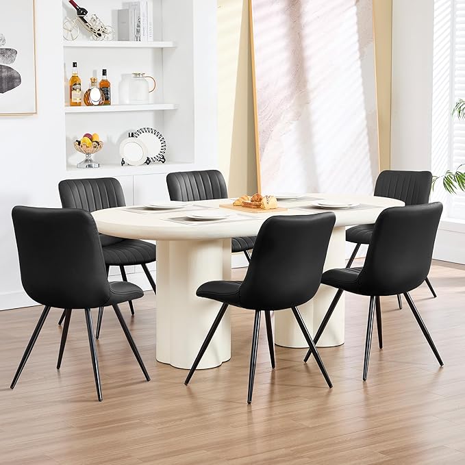 Black Dining Chairs Set of 4, Dining Chairs with Thick Cushions, PU Leather Upholstered Kitchen Dining Room Chairs with Metal Legs for Dining Living Room