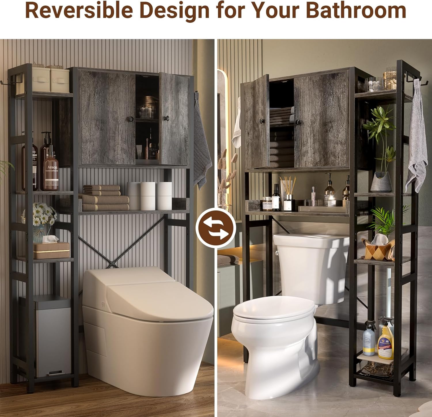 Over The Toilet Storage Cabinet with Doors - 7 Tier Bathroom Organizer with Adjustable Shelf, Freestanding Space Saver Rack Above Toilet Stand with 4 Hooks for Bathroom, Restroom, Laundry, Grey Oak