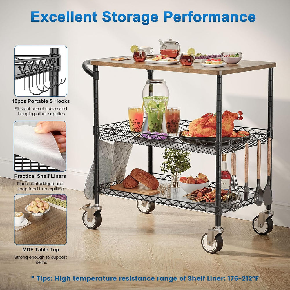 Rolling Kitchen Carts with Wheels, 3-Tier Utility Cart with Wood Tabletop