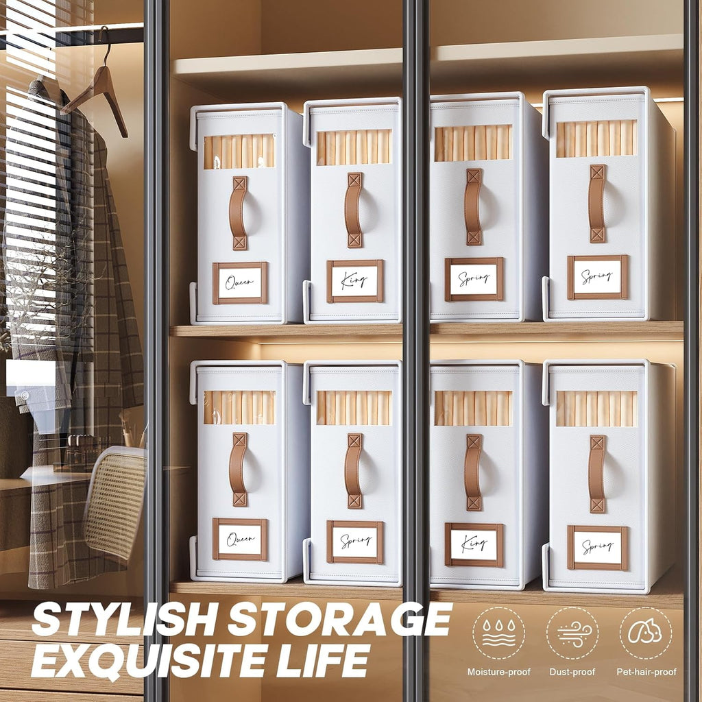 6 Pack Bed Sheet Organizers And Storage(Cal King Size) With Leather Handles,Foldable Linen Closet Organizer With Clear Window,Bedding Storage Box For Blanket,Sheets,Duvet Cover-White