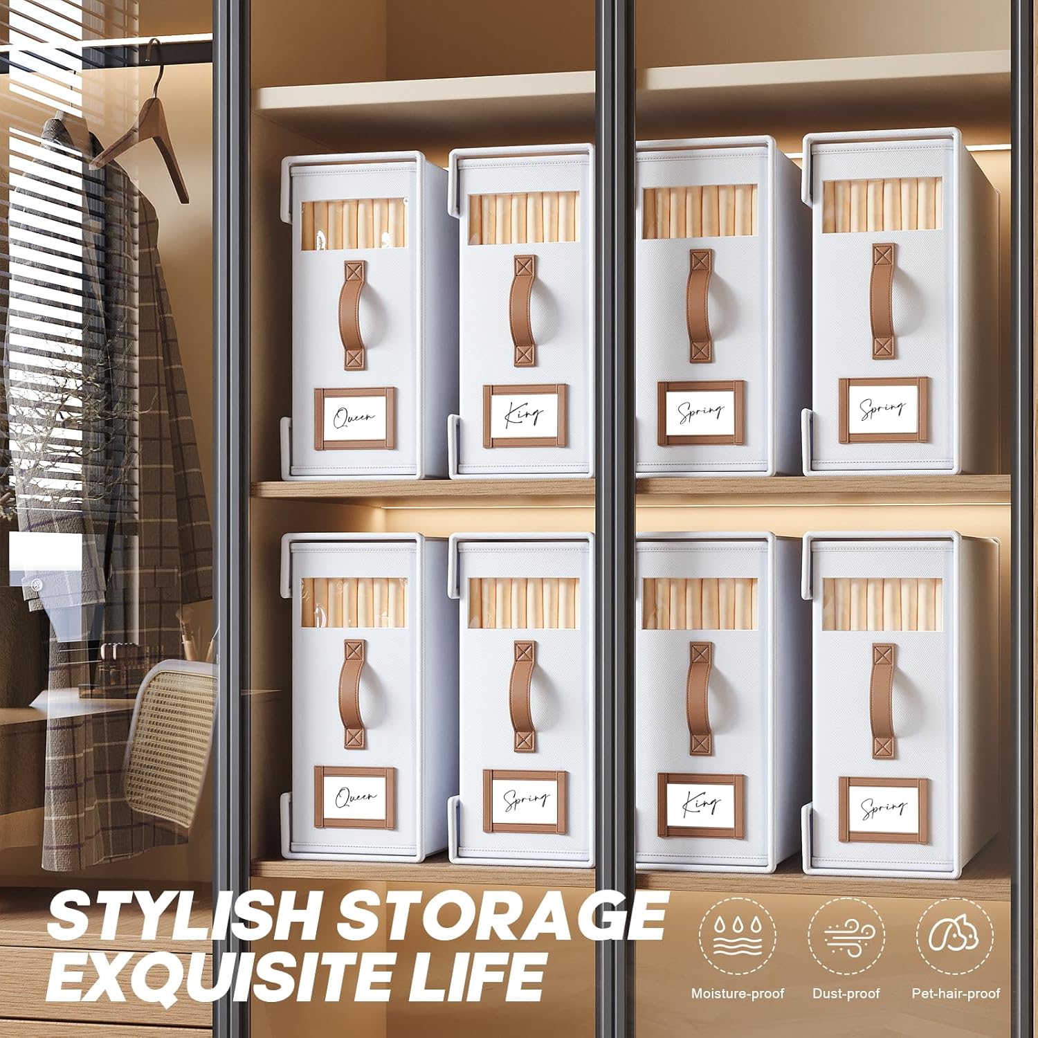 6 Pack Bed Sheet Organizers And Storage(Cal King Size) With Leather Handles,Foldable Linen Closet Organizer With Clear Window,Bedding Storage Box For Blanket,Sheets,Duvet Cover-White