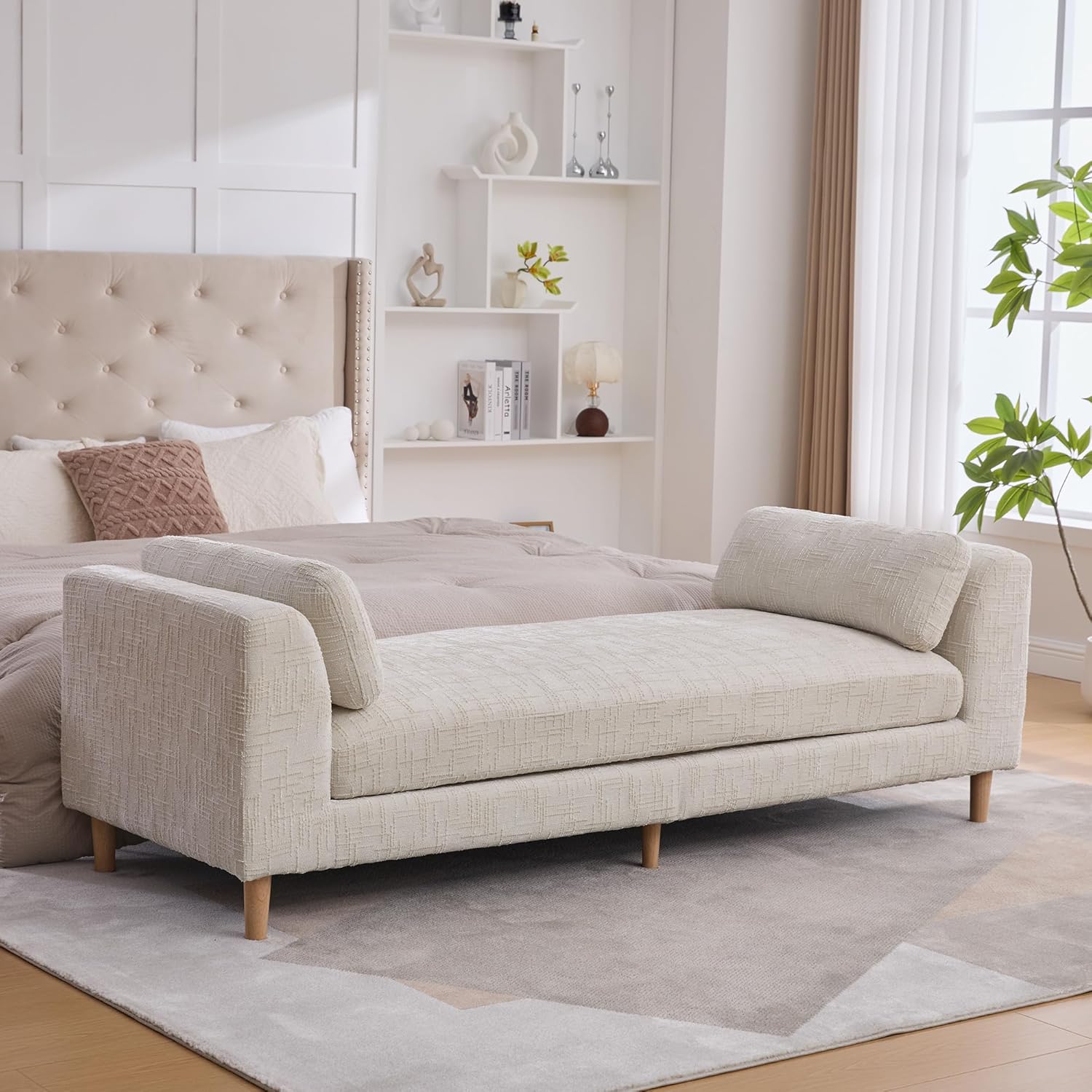 mikibama 83.1" Extra Long Ottoman Bench for Bedroom,Oversized Chenille Upholstered Chaise Lounge Sofa Benches,Modern End of Bed Bench with Arms,Lounger Daybed Couch with Pillows (Beige)