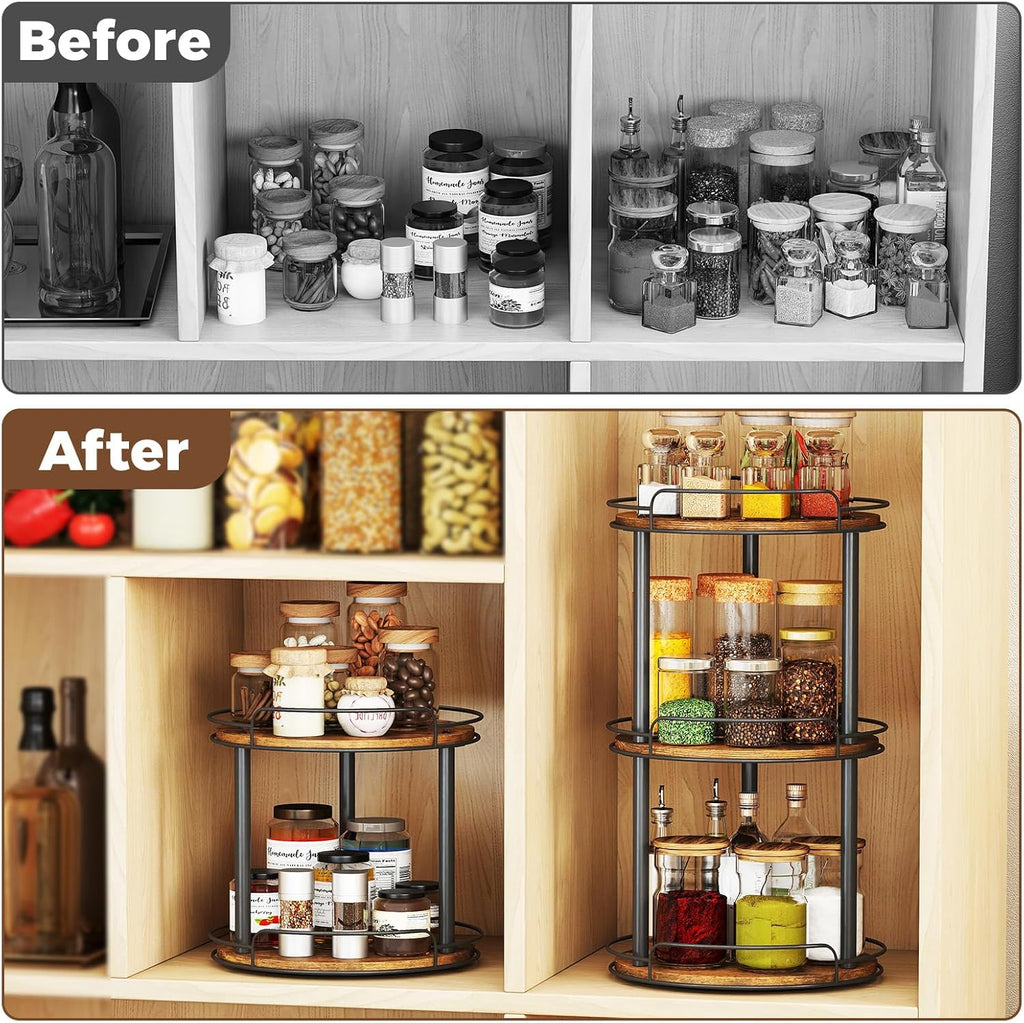 LAMU 10'' Wood Lazy Susan Turntable Organizer for Cabinet, 2 Tier Lazy Susan Spice Rack Organizer for Kitchen, Table Top, Countertop, Pantry, Medicine Organizer