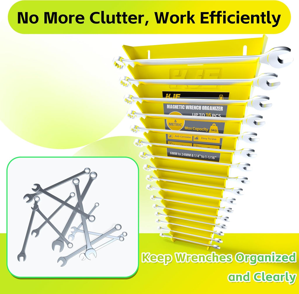 KJE 4Pack Magnetic Wrench Organizer, 64-Slot Wrench Rack Tool Trays, Magnetic Wrench Set Holder SAE(1/4" - 1-1/16") and Metric(6MM-24MM)