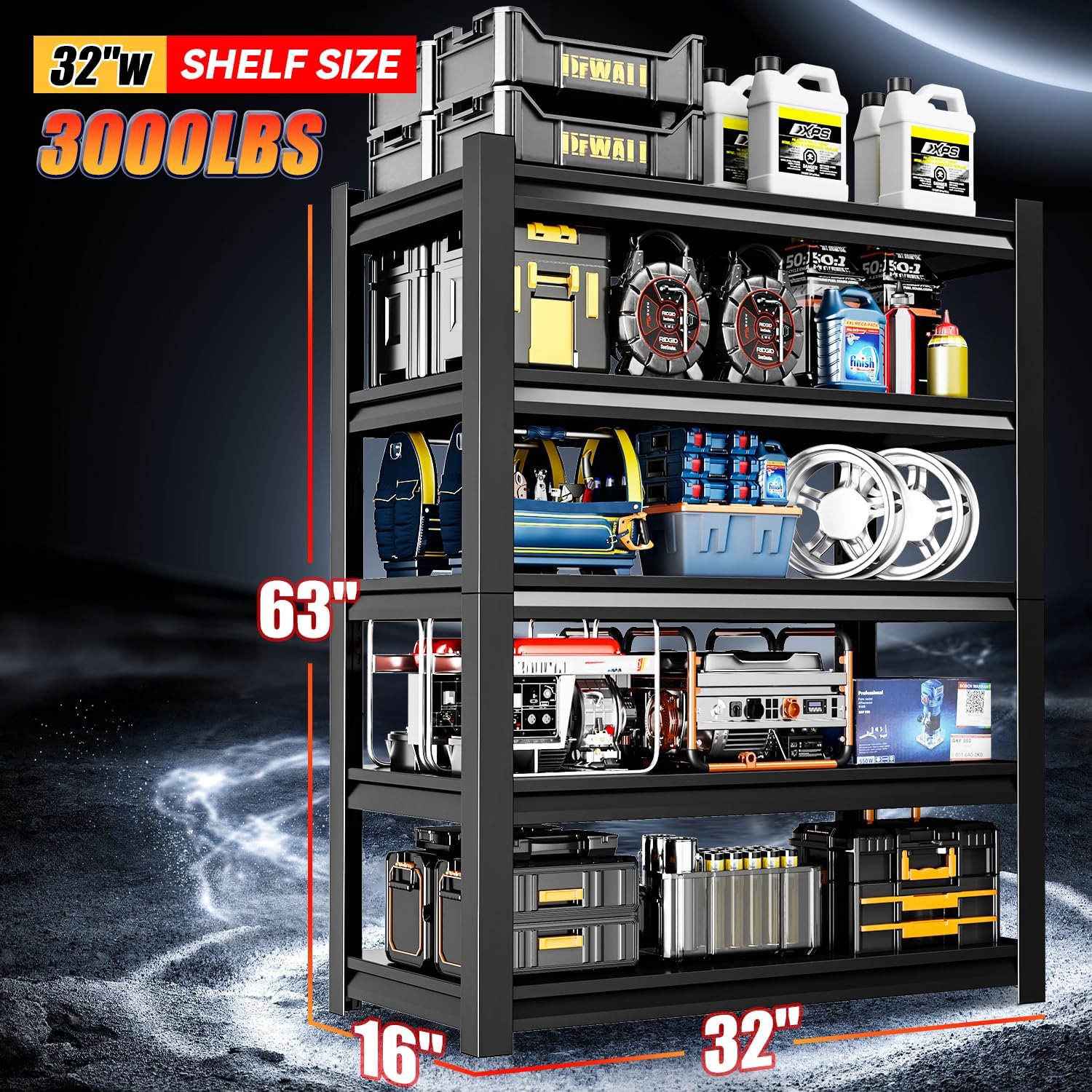 32" W Garage Shelving,5-Tier Heavy Duty Shelving Unit,3000LBS Adjustable Metal Storage Shelves,Storage Rack Units for Industrie,Shed,Warehouse,Basement,Black,32" W x 16" D x 63" H