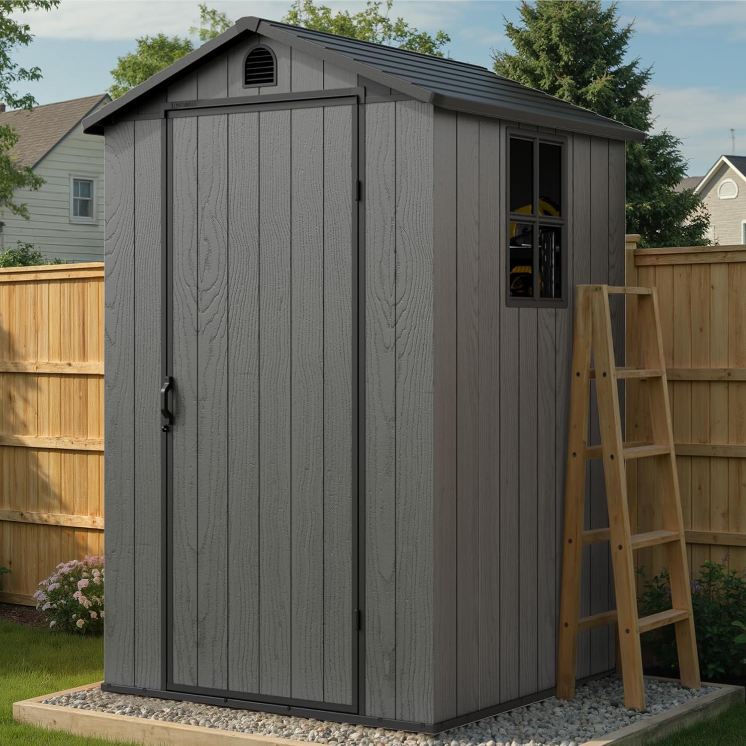 Greesum 4x4FT Plastic Outdoor Storage Shed with Floor, Resin Storaged Sheds with Lockable Door, All Weather Durable Tool Shed with Window and Vent, for Garden, Backyard, Patio, Dark Gray