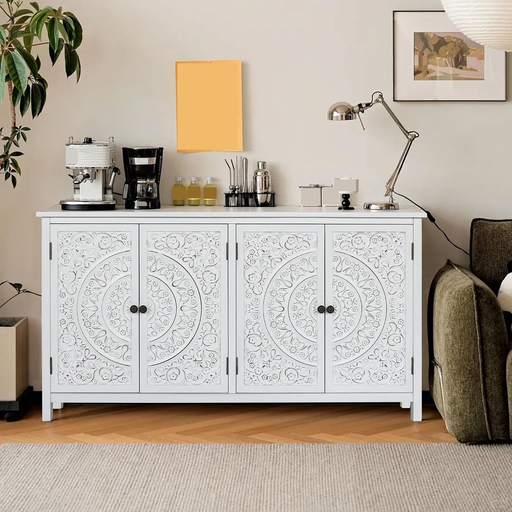Mid-Century Accent Cabinet with 4 Doors, Rustic Sideboard Pantry Cabinet, for...