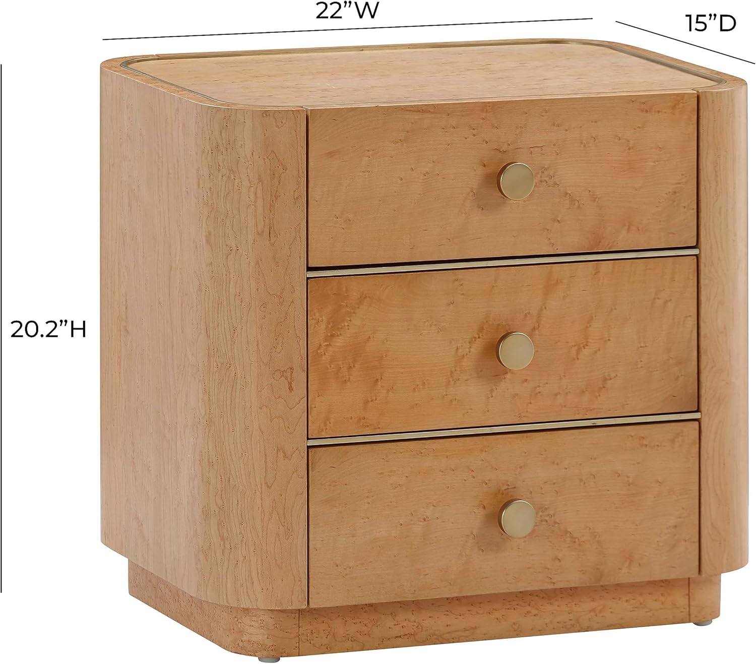 Tov Furniture Abigail Natural Birdseye Maple 3-Drawer Nightstand
