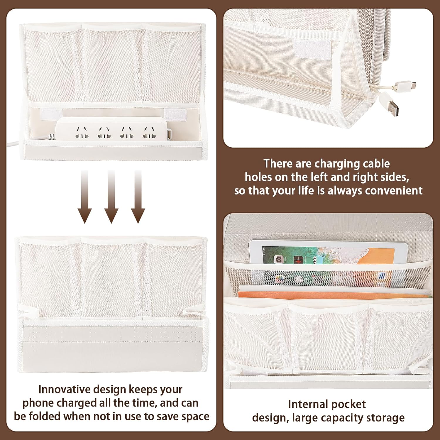 Bedside Caddy Bedside Storage Organizer Bedside Organizer with Power Strip Holder and 2 Adjustable Straps for Home Bunk Bed College Dorm Sofa (White)