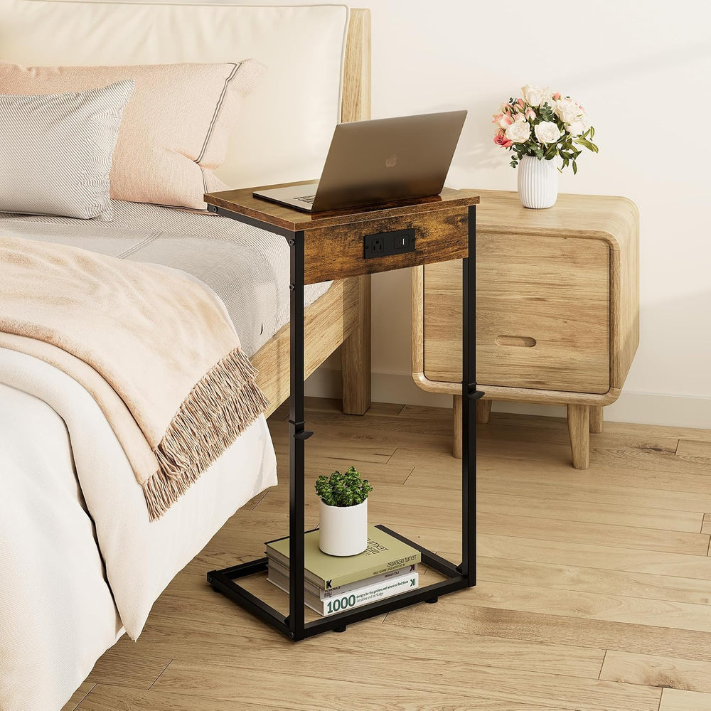 Vagusicc C Shaped End Table with Charging Station, Adjustable Height Side Tab...