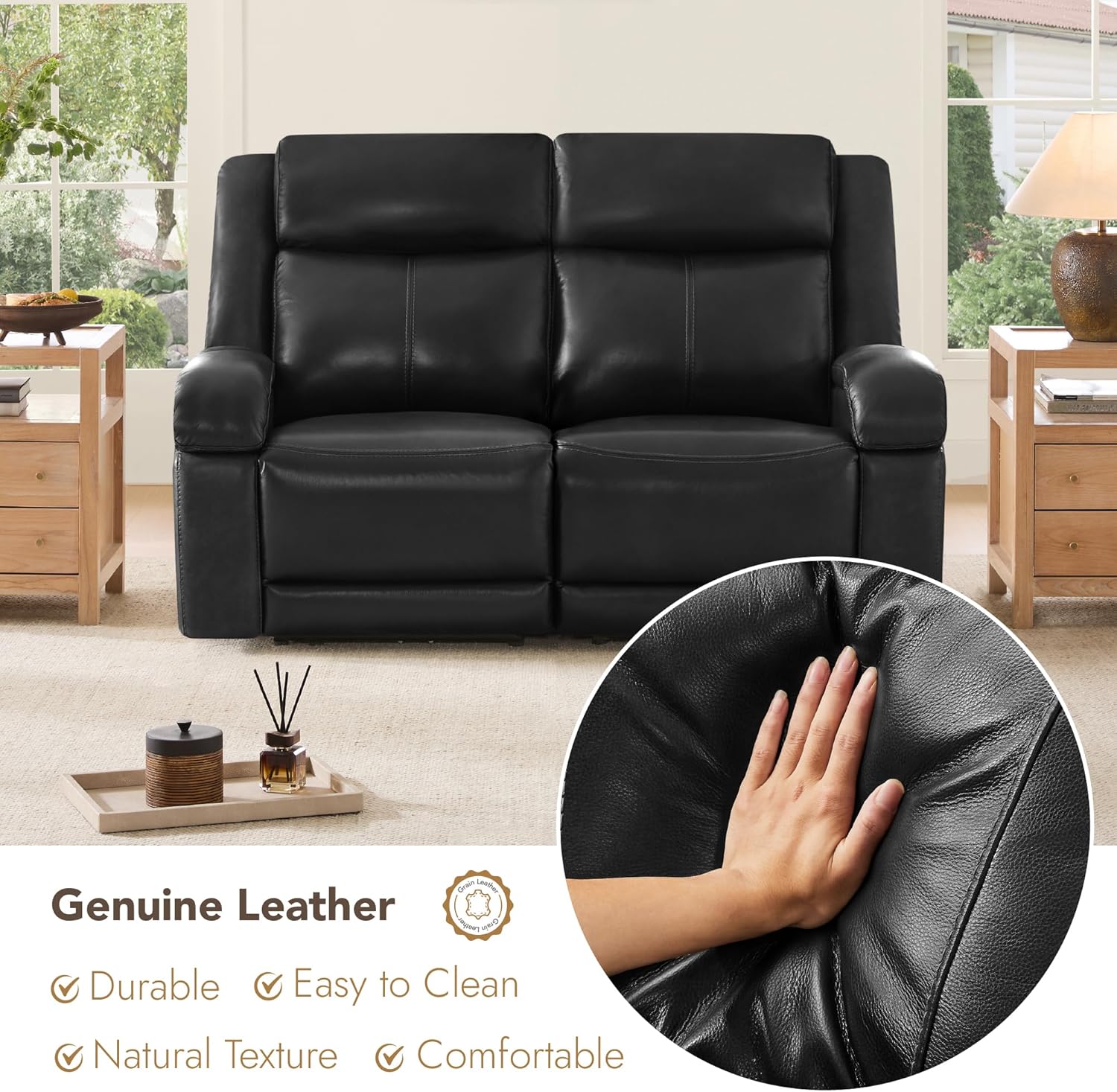 Watson & Whitely Genuine Leather Power Loveseat Recliner Sofa, 2 Seat Wall Hugger Reclining Sofa with Power Headrest & Charging Ports, Dual Recliner Sofas for Living Room, RV, Black