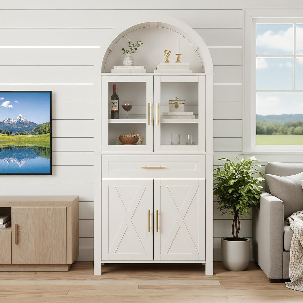 GDFStudio 71" Tall Arched Cabinet with Glass Door & Barn Door Design...