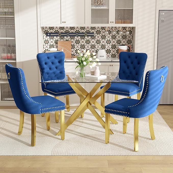 51 Inch Glass Dining Table Set for 4, Rectangular Glass Kitchen Table with 4 Upholstered Velvet Accent Chairs, 5 Piece Modern Dining Room Set, for Home, Apartment, Small Spaces - Blue Gold