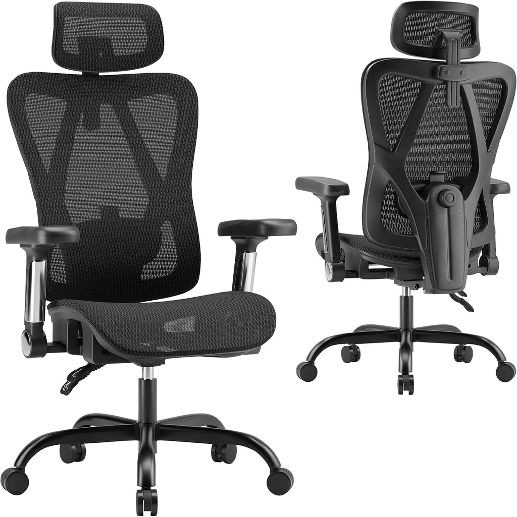 Ergonomic Office Chair, Breathable Mesh Back and Seat, High Back Desk Chair with Adjustable Lumbar Support, 5D Armrests, 135° Reclining Backrest, 2D Headrest, Home Office Computer Chair