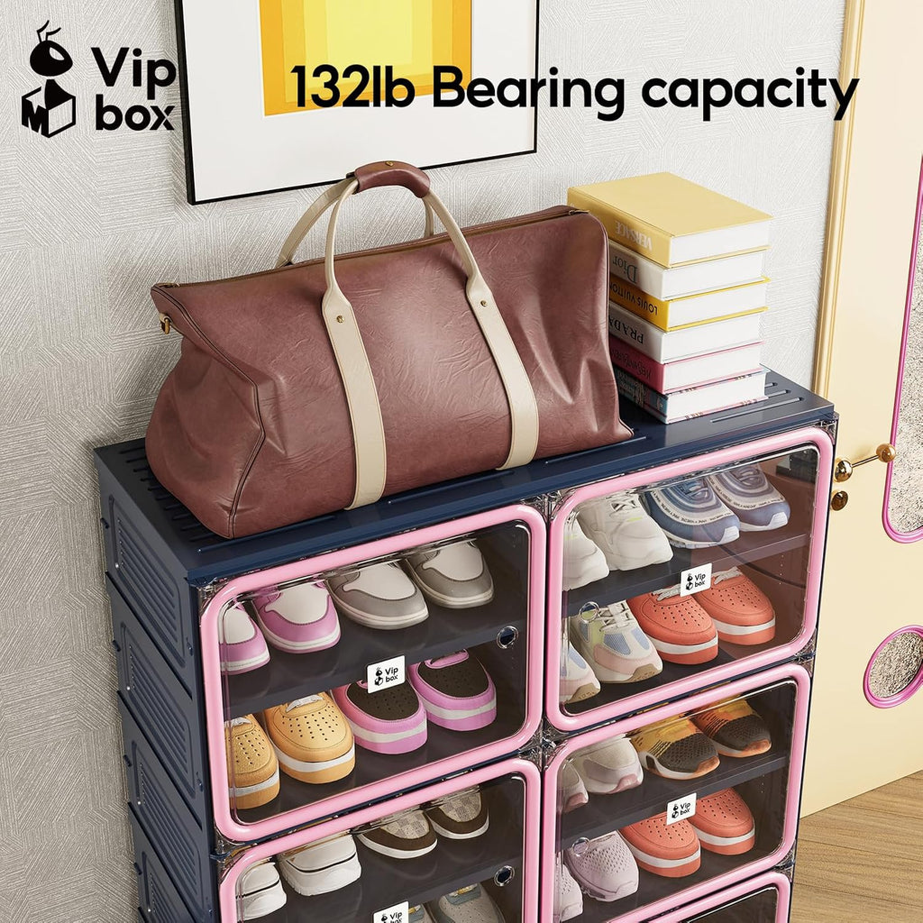 No-Assembly Shoe Organizer, Foldable Shoe Storage Cabinet with Reinforced Framed Doors, 8-Tier Integrated Shoe Box, Modern Blue & Pink Space-Saving Shoe Rack for Closet & Entryway, Size 12