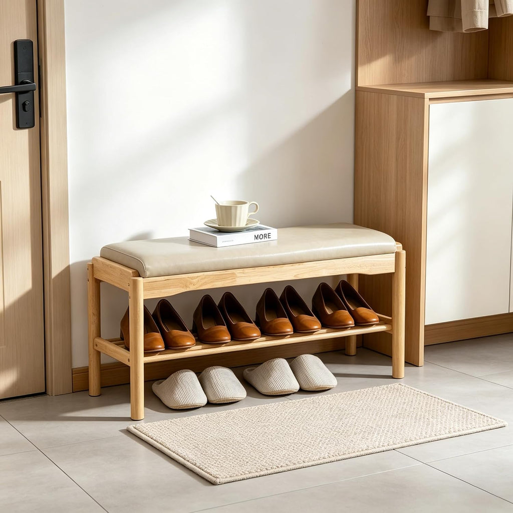 SOBIBO 2-Tier Entryway Shoe Rack Bench, Rubber Wood, Beige & Natural, 31.5" | 8–12 Pairs Capacity, Double-layer Storage, High-density Sponge Cushion, Ideal for Entryway, Hallway, Bedroom