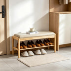 SOBIBO 2-Tier Entryway Shoe Rack Bench, Rubber Wood, Beige & Natural, 31.5" | 8–12 Pairs Capacity, Double-layer Storage, High-density Sponge Cushion, Ideal for Entryway, Hallway, Bedroom