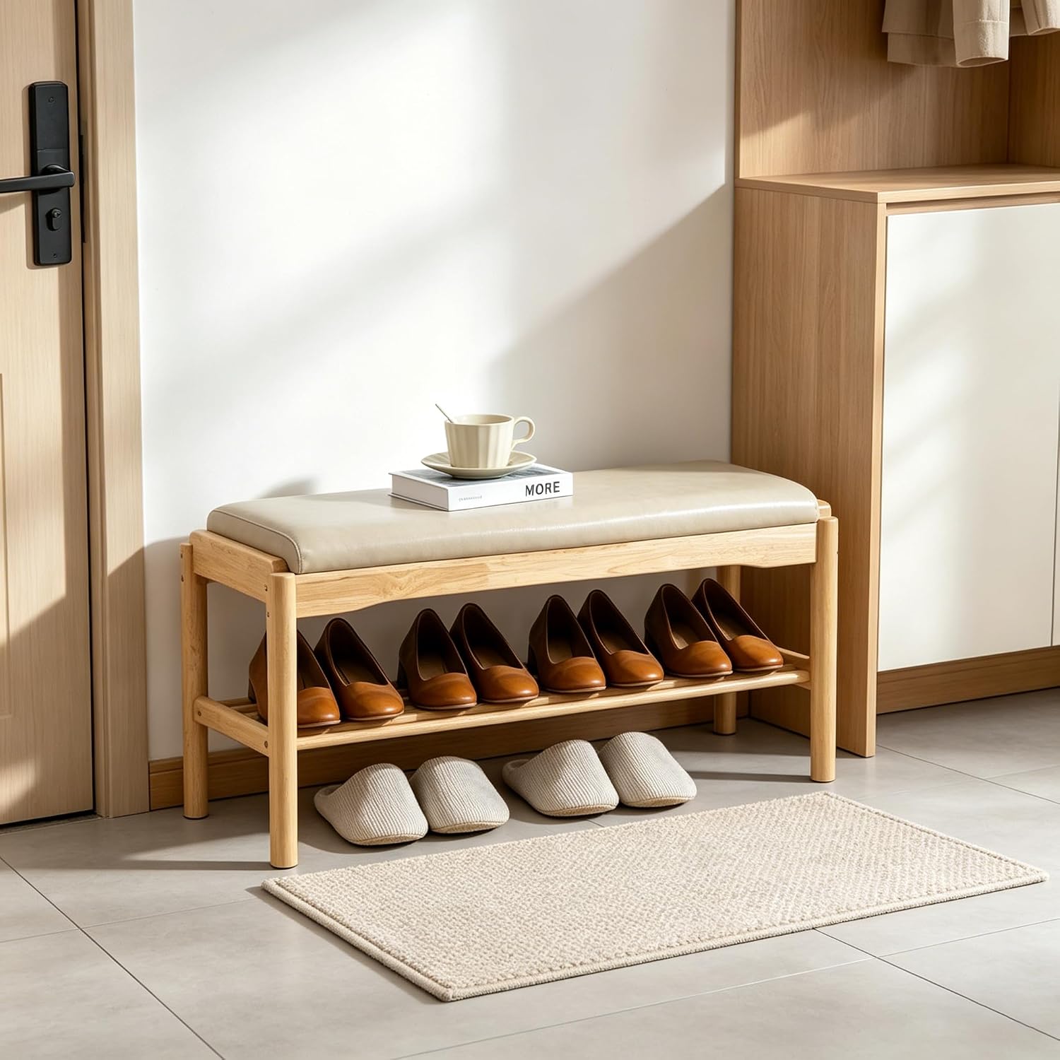 SOBIBO 2-Tier Entryway Shoe Rack Bench, Rubber Wood, Beige & Natural, 31.5" | 8–12 Pairs Capacity, Double-layer Storage, High-density Sponge Cushion, Ideal for Entryway, Hallway, Bedroom