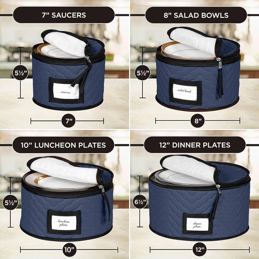 China Storage Containers 5-Piece Set Moving Boxes for Dinnerware, Glasses, Plates, Mugs and Saucers Sturdy Quilted Microfiber Dish Organizer with Dividers for Seasonal Storage - Holds Set of 12, blue