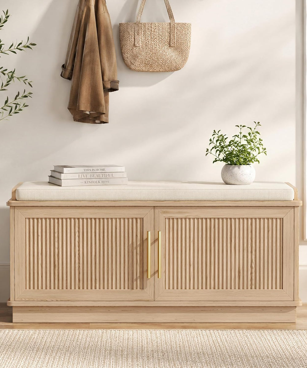 Akxomel 39.4" Fluted Shoe Storage Bench 2 Doors Wooden Entryway Bench Oa...