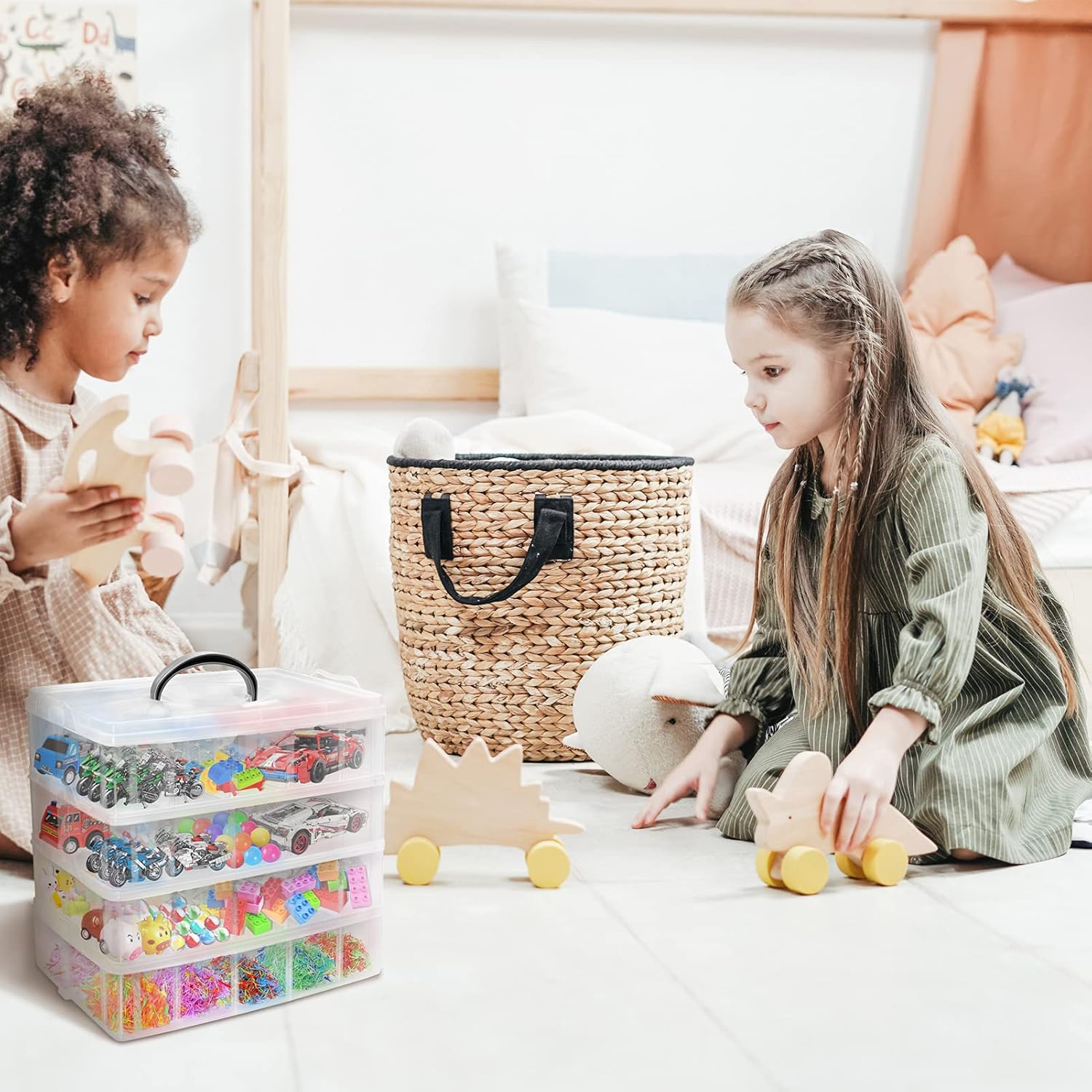 4-Tier Stackable Storage Container Box with 40 Adjustable Compartments, Plastic Organizer Box Transparent Storage Case for Kids Toys, Art Crafts, Jewelry, Supplies, Fuse Beads, Washi Tapes