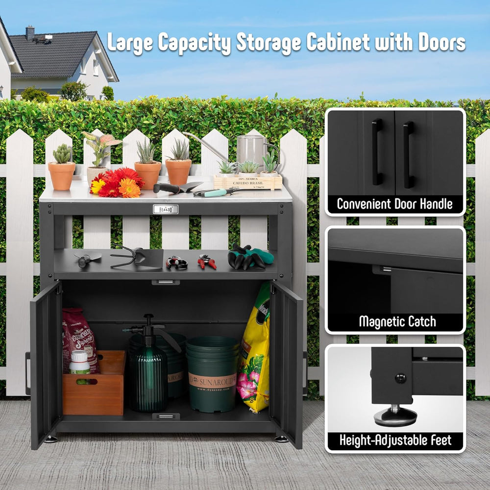 Garden Potting Bench with Storage Cabinet, Outdoor Gardening Table & Work...