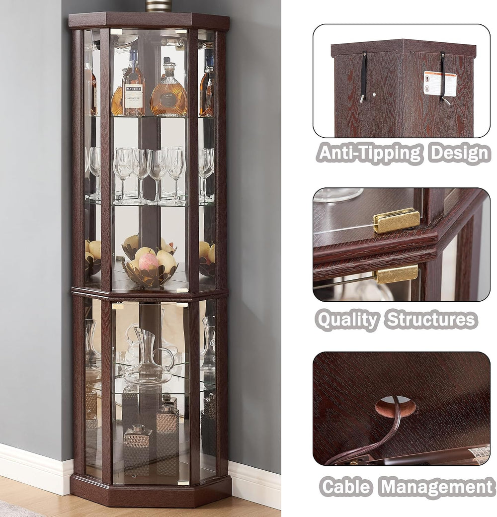 69" H Lighted Corner Curio Cabinet Display Case With Adjustable Shelves,...