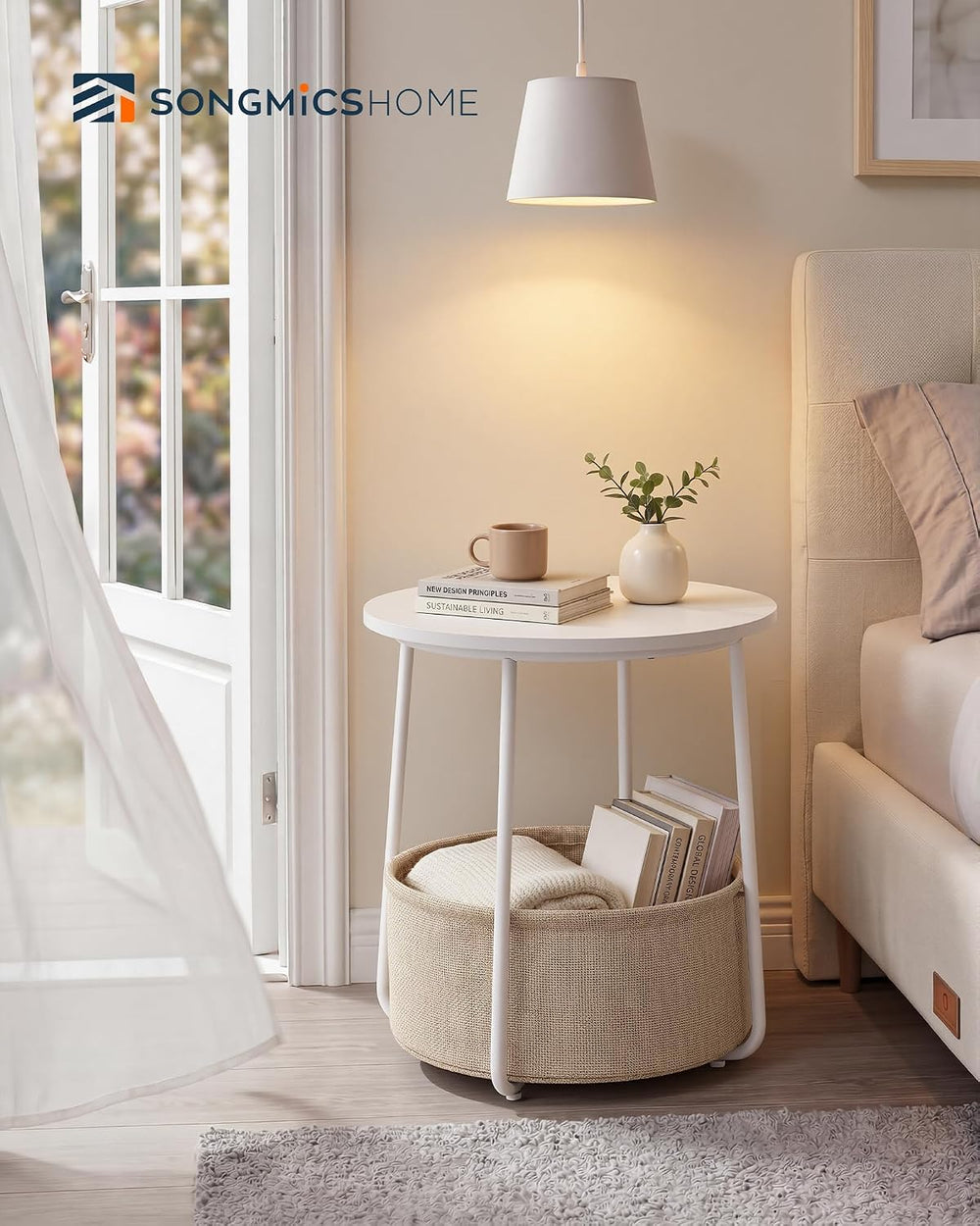 SONGMICS HOME Small Side Table, Round End Table, 2 Tier Nightstand with Baske...
