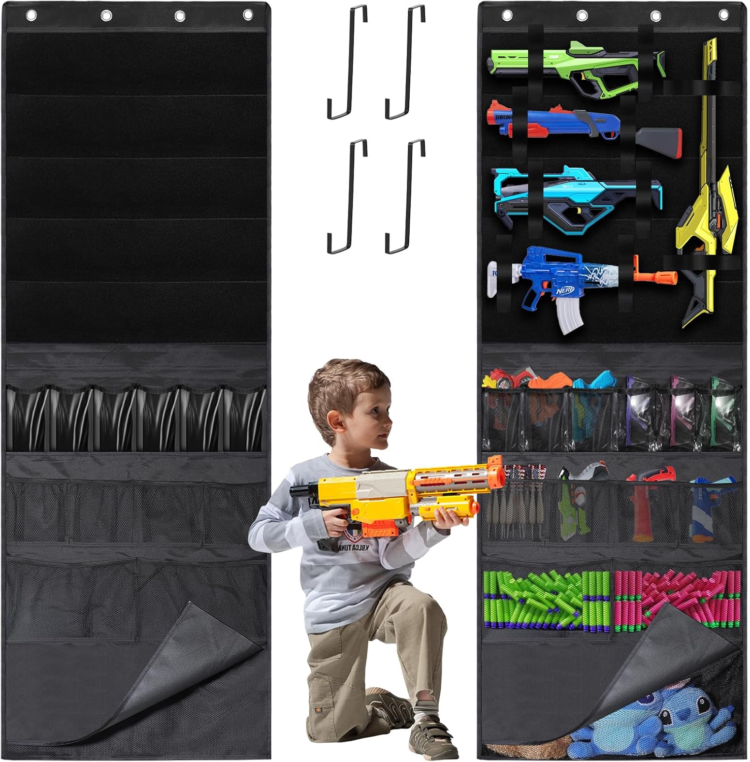 Over the Door Organizer for Toy Guns, Toys Storage Back of Door Hanging Organizer with Large Capacity Pockets and Adjustable Straps, for Kids Foam Blasters, Darts, Goggles and Toys Gun Accessories