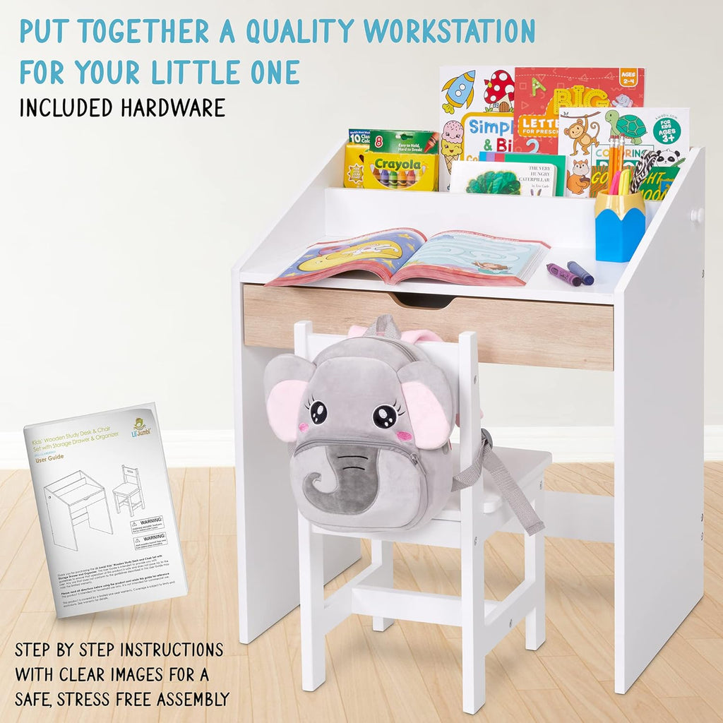 Lil' Jumbl Toddler Wooden Study Desk and Chair Set, Home School Learning Workstation with Writing Table, Storage Drawer, Tabletop Organizer & Hanging Hooks for Children Studying, Reading & Drawing