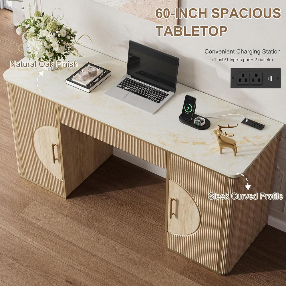 60" Fluted Computer Desk, Wooden Long Home Office Writing Desk with Draw...