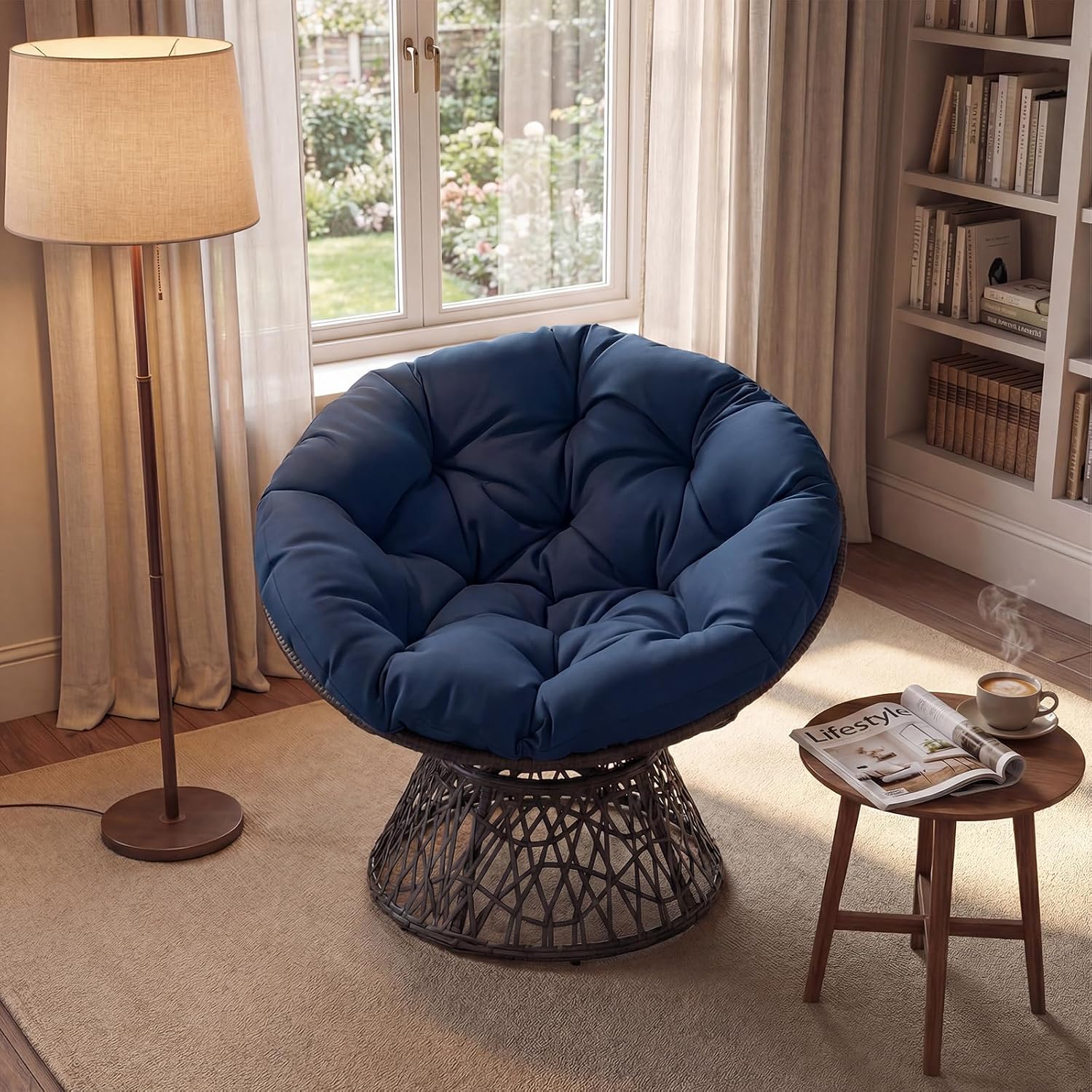 Giantex Wicker Papasan Chair with Soft Thick Cushion and High Capacity Metal Frame, 360° Swivel Ergonomic Lounge Reading Chair for Living Room, Bedroom, Patio, Indoor Outdoor Use (Navy Blue)