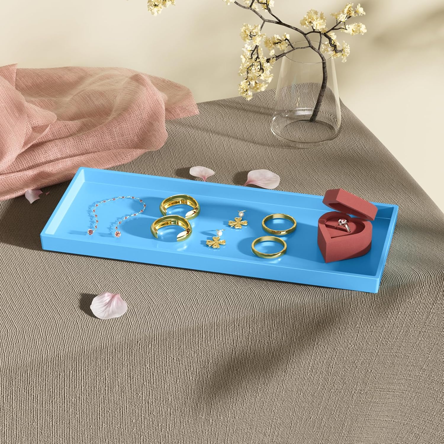 Vanity and Bathroom Tray, 15" ABS Countertop Organizer,Waterproof Vanity Tray for Toilet Tank,Perfume,Soap,Keys,Bathroom Accessories,Kitchen and Bath Trays,Non Slip Small Trays,Blue,2 Pack