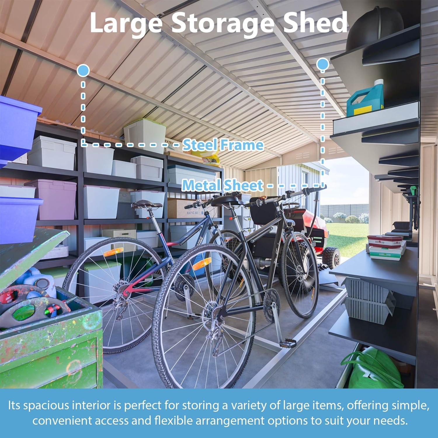 14x10 FT Outdoor Metal Storage Shed with Side Door & Floor Frame, Extra-Large Tool Shed with Lockable Double Doors, Weatherproof Garden Shed for Backyard, Lawn Equipment and Patio Storage