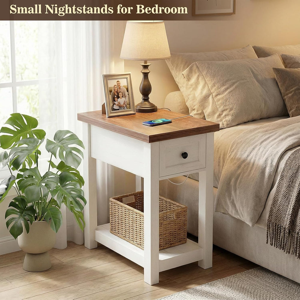 Narrow End Table with Charging Station - Farmhouse Side Table with Drawer, 14...