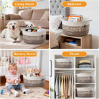 30L Woof Dog Toy Basket with Handles, Large Dog Toy Storage Bin with Paw Print, Woven Dog Basket for Blankets, Toys, Chews, Pet Toy Box for Nursery, Living Room, Bedroom, 17”x12”x9, Brown