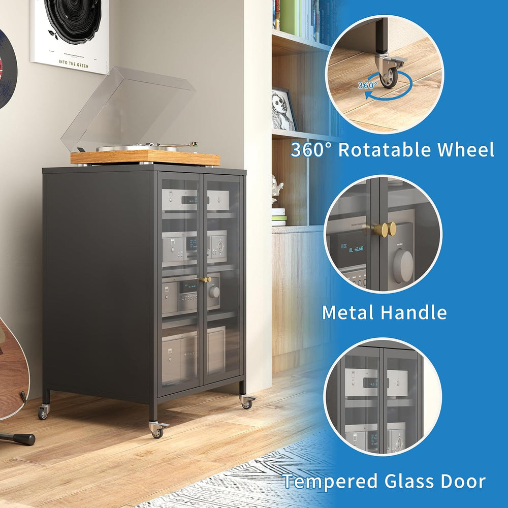 Stereo Cabinet, Metal Media Storage Cabinet with Glass Doors, Audio-Video Med...