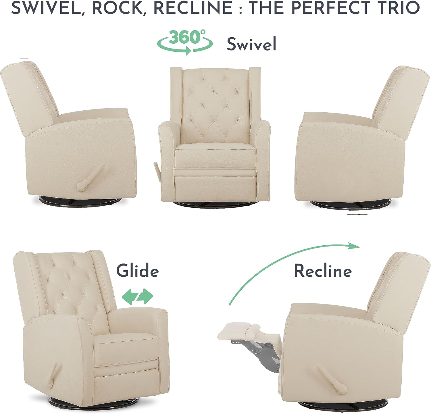 Evolur Linda Upholstered Plush Seating Swivel Glider in Shell, Greenguard Gold Certified, Modern Nursery Glider, Tool-Free Assembly