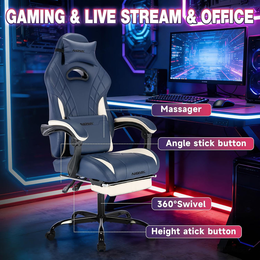 Gaming Chair with Footrest and Massage Lumbar Support, Ergonomic Computer Gam...